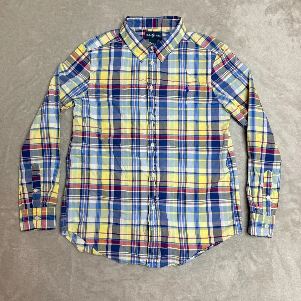Ralph Lauren Button Down Shirt Youth Large 14-16 Plaid Multicolor Preppy Madras